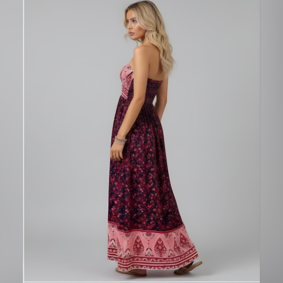 Red Boho Floral Print Tube Dress - Picture 4 of 9